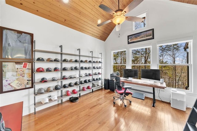 home office featuring high vaulted ceiling, wood ceiling, light wood-type flooring, and ceiling fan