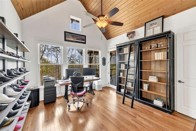 office area with high vaulted ceiling, wooden ceiling, ceiling fan, and hardwood / wood-style flooring