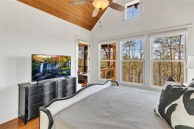 bedroom with high vaulted ceiling, hardwood / wood-style flooring, ceiling fan, and wood ceiling