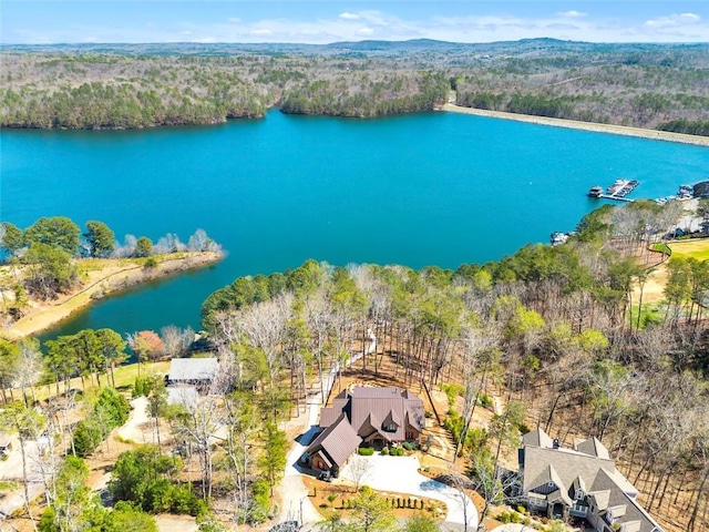 drone / aerial view with a water view