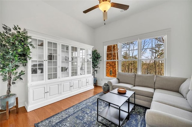 living room with hardwood / wood-style flooring and ceiling fan