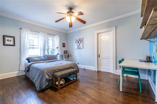 bedroom with dark wood-type flooring, ornamental molding, and ceiling fan