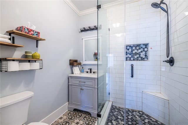 bathroom with walk in shower, tile patterned floors, toilet, ornamental molding, and vanity