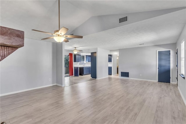 unfurnished living room featuring light wood-style floors, visible vents, ceiling fan, and baseboards