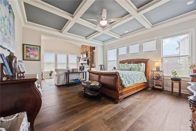 bedroom with baseboards, beam ceiling, hardwood / wood-style flooring, and coffered ceiling