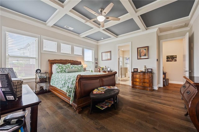 bedroom featuring crown molding, dark wood finished floors, beam ceiling, and coffered ceiling