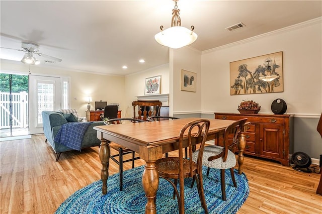 1750 Clairmont Rd Unit 35, Decatur, GA 30033 - dining area featuring ornamental molding, light wood-type flooring, ceiling fan, an office area, and recessed lighting