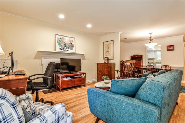 1750 Clairmont Rd Unit 35, Decatur, GA 30033 - living room featuring ornamental molding, light wood-style floors, baseboards, and recessed lighting