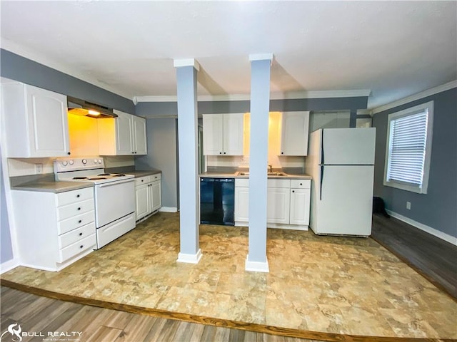 kitchen with white cabinets, light wood-type flooring, white appliances, and crown molding