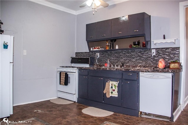 kitchen with decorative backsplash, white appliances, crown molding, and sink