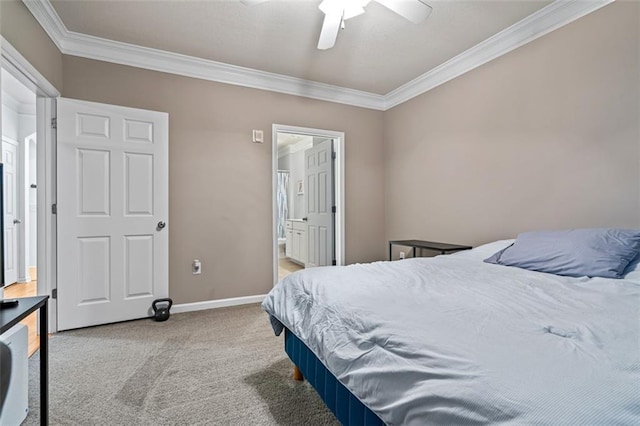 bedroom with ornamental molding, light carpet, baseboards, ceiling fan, and connected bathroom