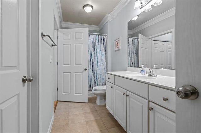 bathroom with crown molding, toilet, vanity, tile patterned flooring, and a shower with shower curtain