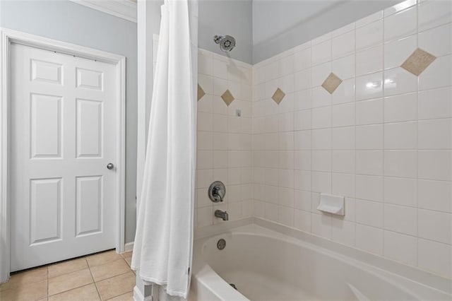 full bathroom featuring shower / tub combo with curtain and tile patterned floors