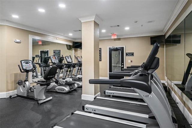 workout area with crown molding, baseboards, and recessed lighting