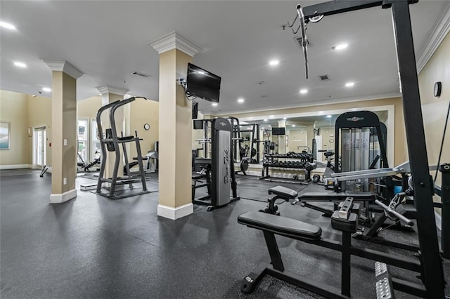 workout area with ornamental molding, ornate columns, baseboards, and recessed lighting