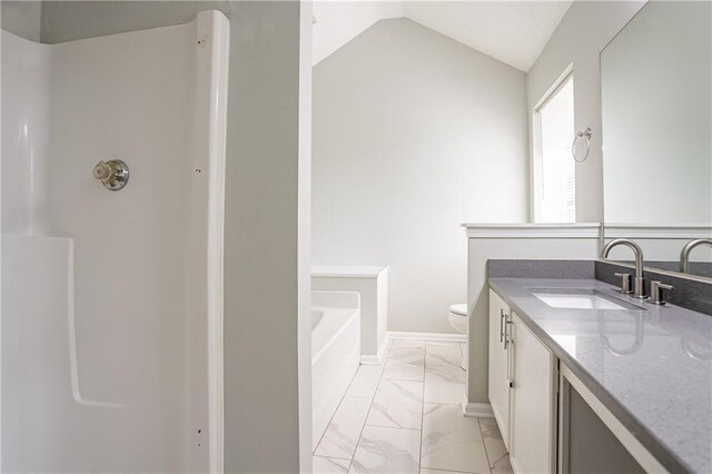 bathroom with walk in shower, baseboards, marble finish floor, vanity, and lofted ceiling
