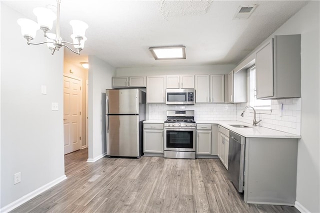 kitchen with gray cabinets, a sink, stainless steel appliances, visible vents, and an inviting chandelier