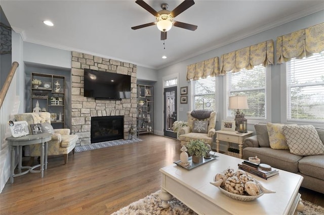 living room with ceiling fan, crown molding, a fireplace, and wood-type flooring