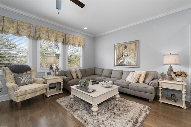 living room with ornamental molding, dark wood-type flooring, and ceiling fan