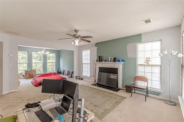 carpeted living room featuring plenty of natural light and a textured ceiling