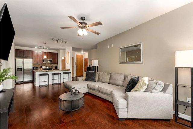 898 Oak St SW Unit 1301, Atlanta, GA 30310 - living room with a ceiling fan, dark wood-style floors, and track lighting