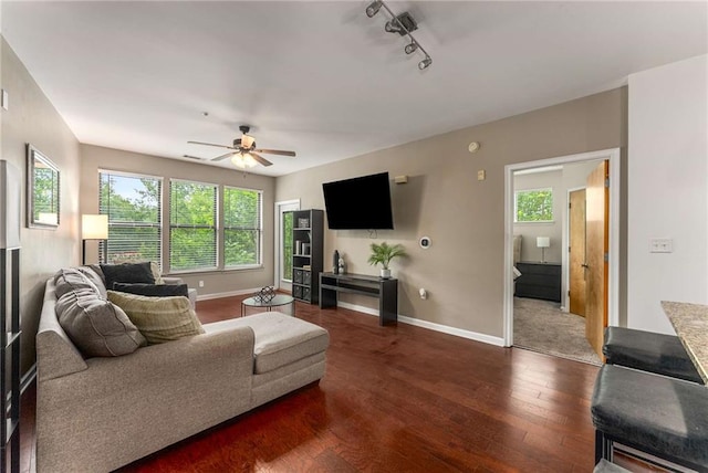 898 Oak St SW Unit 1301, Atlanta, GA 30310 - living area featuring dark wood-style floors, ceiling fan, and rail lighting