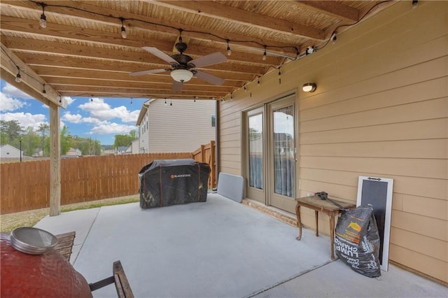 509 Azalea Bloom Dr, Loganville, GA 30052 - view of patio / terrace with grilling area, ceiling fan, and fence