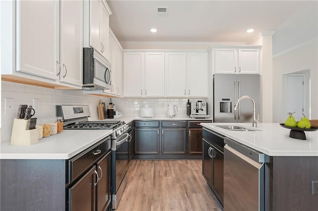 kitchen featuring stainless steel appliances, a sink, white cabinetry, light countertops, and decorative backsplash