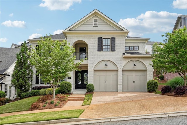 4025 Connolly Ct, Roswell, GA 30075 - view of front of house featuring brick siding, a garage, a balcony, and concrete driveway
