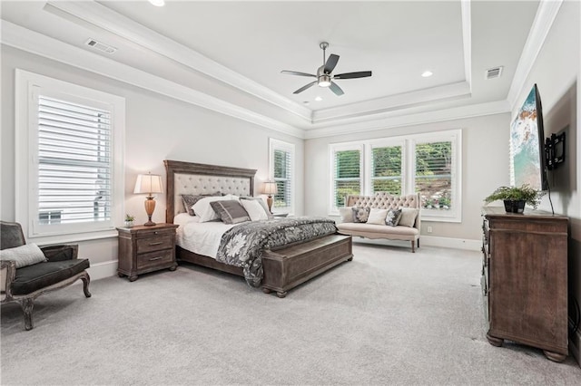 4025 Connolly Ct, Roswell, GA 30075 - carpeted bedroom featuring a raised ceiling, baseboards, crown molding, recessed lighting, and ceiling fan