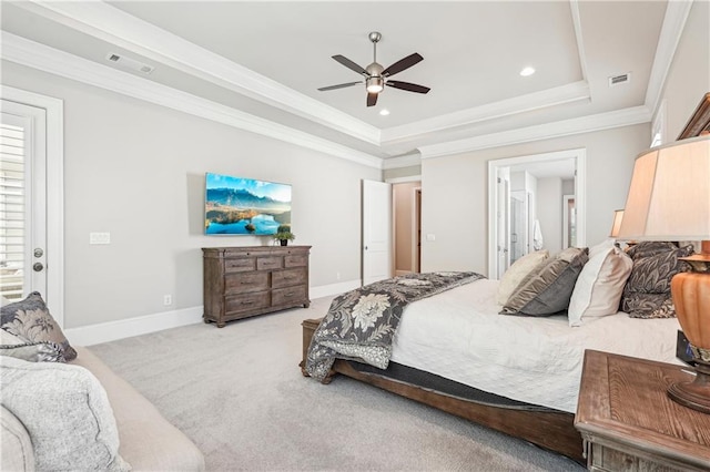 4025 Connolly Ct, Roswell, GA 30075 - carpeted bedroom with a tray ceiling, baseboards, crown molding, recessed lighting, and a ceiling fan