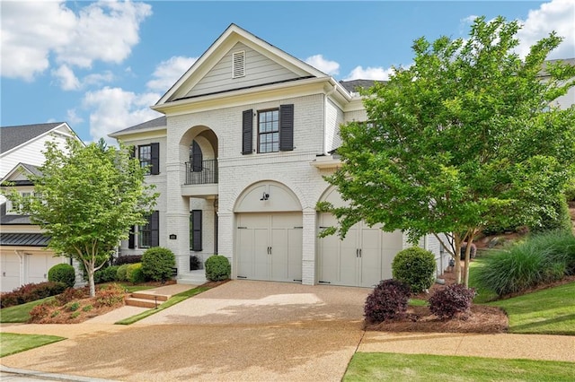 4025 Connolly Ct, Roswell, GA 30075 - view of front facade featuring brick siding, a balcony, concrete driveway, and an attached garage