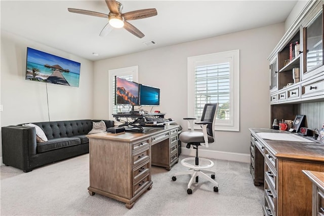 4025 Connolly Ct, Roswell, GA 30075 - home office with light colored carpet, a ceiling fan, and baseboards
