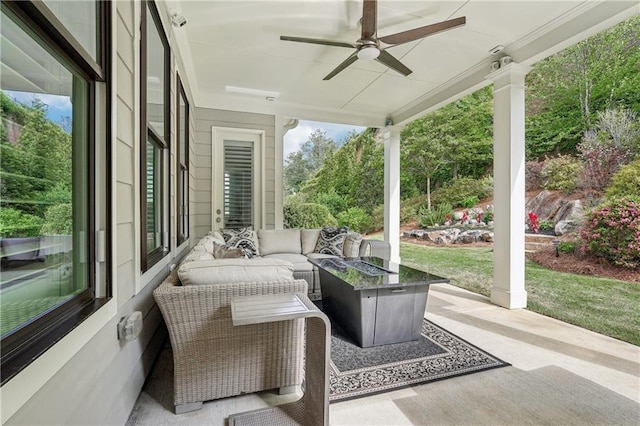 4025 Connolly Ct, Roswell, GA 30075 - view of patio / terrace featuring ceiling fan and an outdoor living space with a fire pit