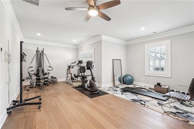 4025 Connolly Ct, Roswell, GA 30075 - exercise room with hardwood / wood-style floors, a ceiling fan, baseboards, recessed lighting, and crown molding