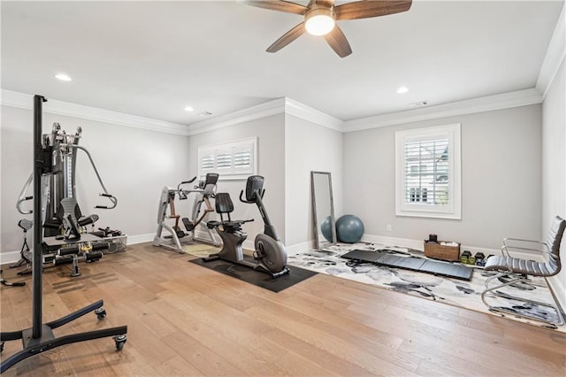 4025 Connolly Ct, Roswell, GA 30075 - workout room with hardwood / wood-style floors, baseboards, a ceiling fan, recessed lighting, and crown molding