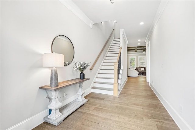 4025 Connolly Ct, Roswell, GA 30075 - entryway with stairs, wood finished floors, baseboards, recessed lighting, and ornamental molding