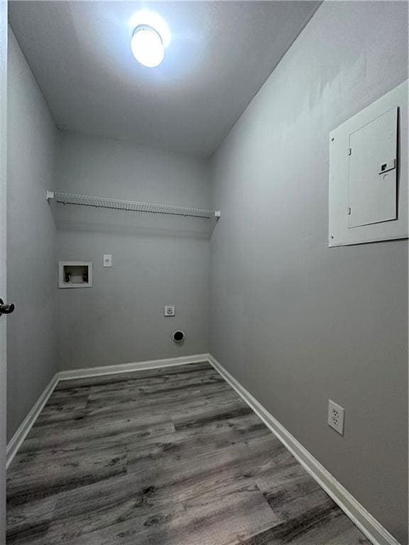 4244 River Green Dr NW Unit 111, Atlanta, GA 30327 - washroom featuring washer hookup, laundry area, dark wood-style flooring, and electric panel