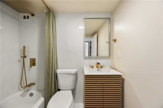 full bathroom with toilet, vanity, and shower / bathtub combination with curtain