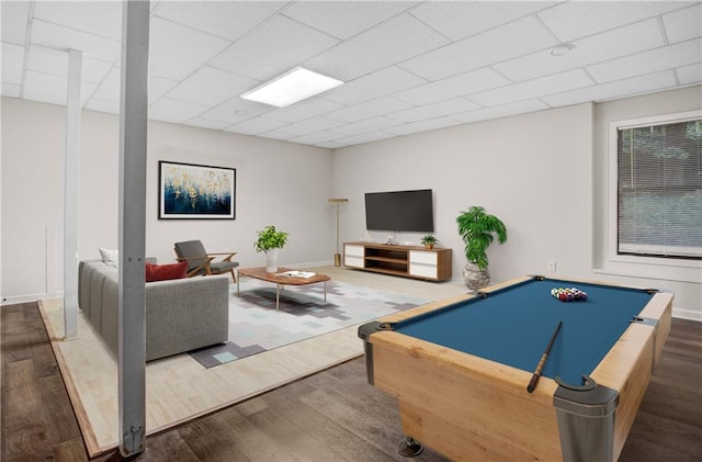 game room featuring a paneled ceiling, billiards, and hardwood / wood-style flooring