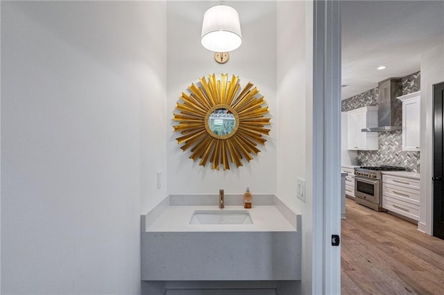 bathroom featuring vanity, hardwood / wood-style floors, and backsplash