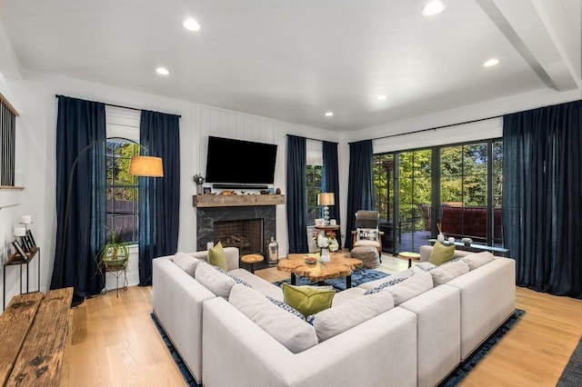 living room with a premium fireplace and light wood-type flooring