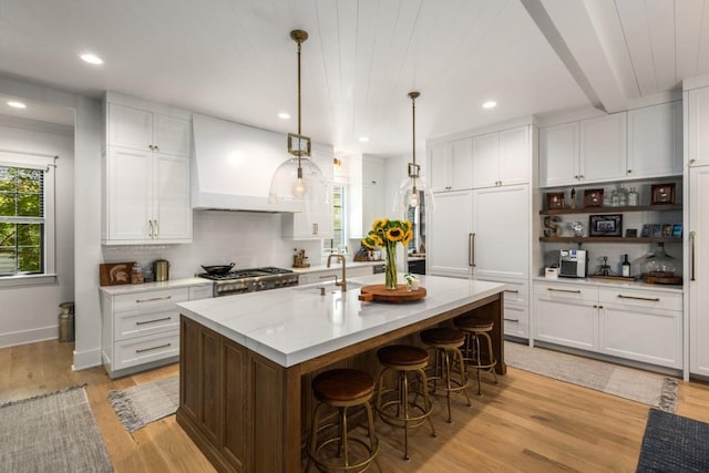 kitchen featuring white cabinets and custom exhaust hood