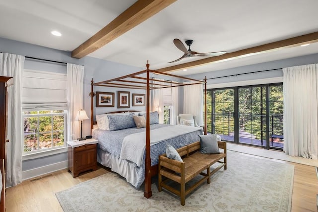 bedroom featuring beamed ceiling, ceiling fan, access to outside, and light hardwood / wood-style flooring