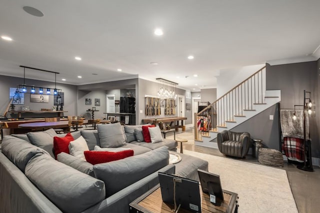 living room featuring concrete flooring, bar, and billiards