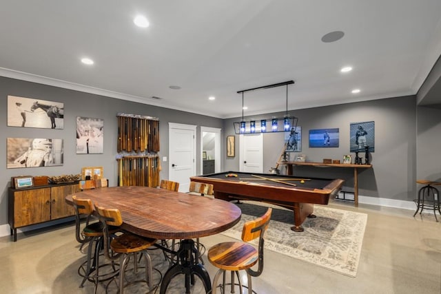 rec room with ornamental molding and pool table