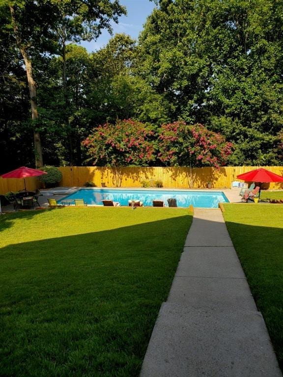 view of pool with a fenced in pool, a lawn, and a fenced backyard