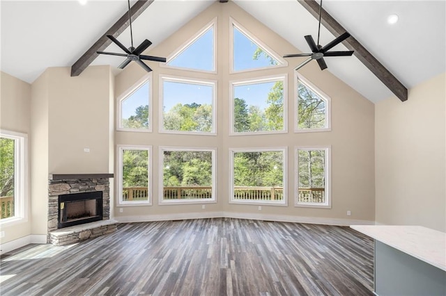 275 River Cliff Dr, Cornelia, GA 30531 - unfurnished living room featuring stairway, high vaulted ceiling, a stone fireplace, and french doors