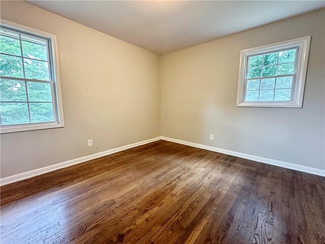 spare room featuring a healthy amount of sunlight and dark hardwood / wood-style floors