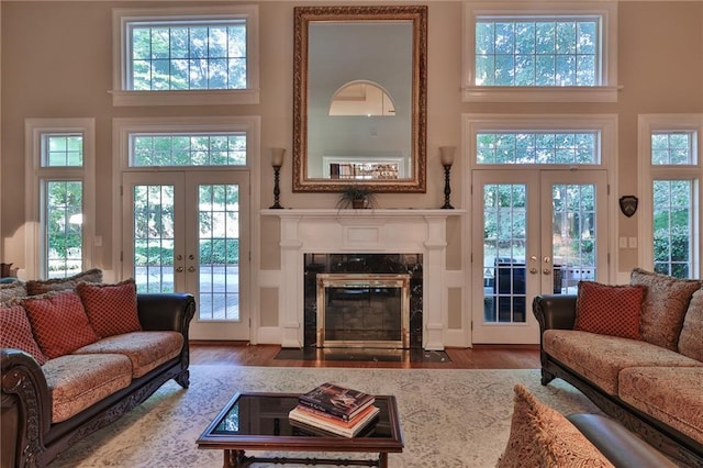 living room with a healthy amount of sunlight and french doors